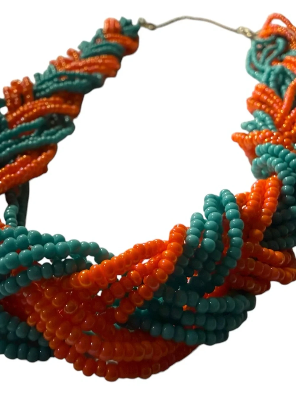 Braided Coral Orange & Teal Blue Beaded Necklace - Adjustable Chain